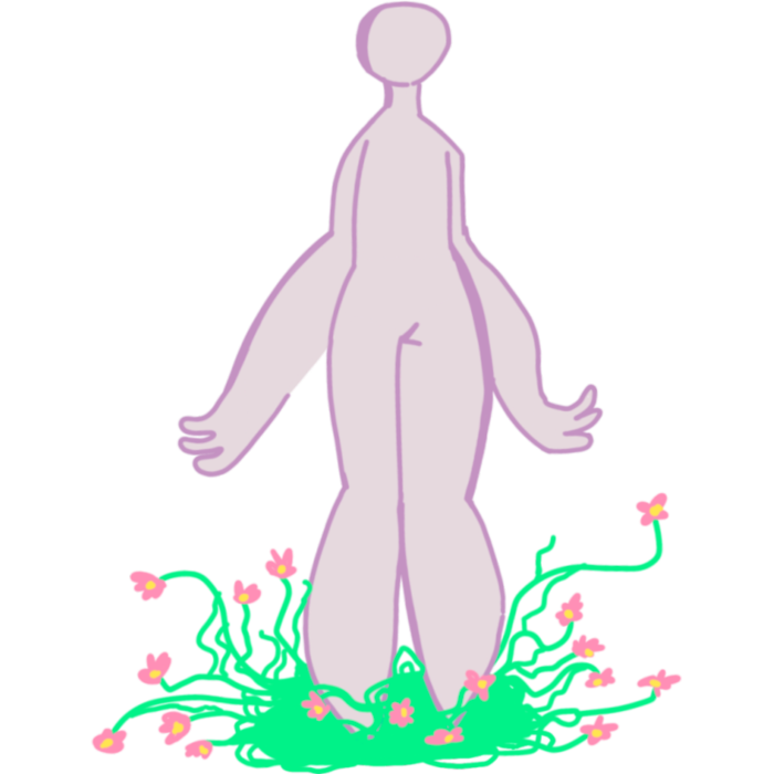 an illustration of someone standing in a patch of spring green grass and pink flowers, the person is tall and lanky with a light muted purple skin tone.